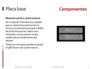 Placa base 				19Departamento de Tecnología                                                                     Fco Villafranca Gracia                         La BIOS (Basic Input-Output System)Es un chip donde se encuentra el programa que hace que cuando arranque el equipo da soporte al manejo de los dispositivos  denomindados entrada –salida (Input-Ouput).Ademas, la BIOS conserva ciertos parametros: tipo de HD, fecha y hora del sistema, etc., los cuales los guarda enuna memoría CMOS, de muy bajo consumo y que es mantenida  con una pila  cuando desconectamos el ordenador.Componentes