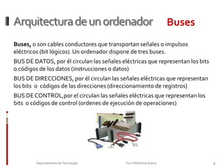 Arquitectura de un ordenadorMEMORIAMemoria, son dispositivos electrónicos que pueden almacenar bit lógicos (0 o 1) de forma que en cualquier instante se pueda acceder a un solo bit o a un grupo de ellos. La memoria o registro de memoría almacena siempre un nº de bits  que es potencia de 2, en ella residen las instrucciones y los datos.Existen diferentes tipos de memorias, según su función.Bus de DATOSBus de DATOS7Departamento de Tecnología                                                                     Fco Villafranca Gracia                         