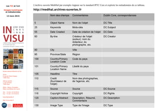 Les TIC et l'art
Images numériques
et métadonnées
12 mars 2015
Institut national d'histoire de l'art
Accès :
6, rue des Petits-Champs
75002 Paris
Adresse postale :
2, rue Vivienne
75002 Paris
Métro : Bourse, Pyramides
Palais royal/Musée du Louvre
Tél. : +33 (0) 1 47 03 89 84
Fax : +33 (0) 1 47 03 86 36
lesticetlart@inha.fr
http://invisu.inha.fr
http://medihal.archives-ouvertes.frhttp://medihal.archives-ouvertes.fr
L'archive ouverte MédiHal par exemple s'appuie sur le standard IPTC Core et exploite les métadonnées de ce tableau.
 