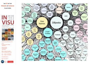 Les TIC et l'art
Wikipedia et GeoNames
9 avril 2015
Institut national d'histoire de l'art
Accès :
6, rue des Petits-Champs
75002 Paris
Adresse postale :
2, rue Vivienne
75002 Paris
Métro : Bourse, Pyramides
Palais royal/Musée du Louvre
Tél. : +33 (0) 1 47 03 89 84
Fax : +33 (0) 1 47 03 86 36
lesticetlart@inha.fr
http://invisu.inha.fr
 