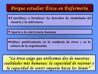 Porque estudiar Ética en EnfermeríaPorque estudiar Ética en Enfermería
Aporta a la convivencia humana
Contribuye a fortalecer los derechos de ciudadanía del
usuario y la enfermera.
Influye positivamente en la conducta de otros y en la
cultura de la organización.
“La ética exige que utilicemos dos de nuestras
cualidades más humanas: la capacidad de razonar y
la capacidad de sentir empatía hacia los demás”.
 