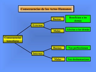 Consecuencias de los Actos HumanosConsecuencias de los Actos Humanos
Consecuencias
inmediatas
Buenas
Buenas
Malas
Benefician a los
demás
Afectan a los demás
Nos perfeccionan
Nos deshumanizan
Externas
Malas
Internas
 
