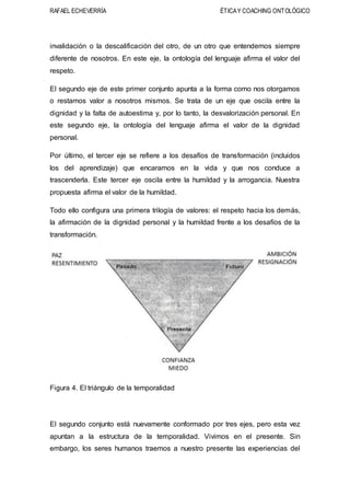 RAFAEL ECHEVERRÍA ÉTICAY COACHING ONTOLÓGICO
invalidación o la descalificación del otro, de un otro que entendemos siempre
diferente de nosotros. En este eje, la ontología del lenguaje afirma el valor del
respeto.
El segundo eje de este primer conjunto apunta a la forma como nos otorgamos
o restamos valor a nosotros mismos. Se trata de un eje que oscila entre la
dignidad y la falta de autoestima y, por lo tanto, la desvalorización personal. En
este segundo eje, la ontología del lenguaje afirma el valor de la dignidad
personal.
Por último, el tercer eje se refiere a los desafíos de transformación (incluidos
los del aprendizaje) que encaramos en la vida y que nos conduce a
trascenderla. Este tercer eje oscila entre la humildad y la arrogancia. Nuestra
propuesta afirma el valor de la humildad.
Todo ello configura una primera trilogía de valores: el respeto hacia los demás,
la afirmación de la dignidad personal y la humildad frente a los desafíos de la
transformación.
Figura 4. El triángulo de la temporalidad
El segundo conjunto está nuevamente conformado por tres ejes, pero esta vez
apuntan a la estructura de la temporalidad. Vivimos en el presente. Sin
embargo, los seres humanos traemos a nuestro presente las experiencias del
 
