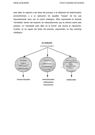 RAFAEL ECHEVERRÍA ÉTICAY COACHING ONTOLÓGICO
para ellos, la sujeción a las fases del proceso, a la utilización de determinados
procedimientos y a la aplicación de aquellos "mapas" de los que
frecuentemente hace uso el coach ontológico. Ellos representan la variante
"formalista" dentro del espectro de interpretaciones que se ofrecen sobre esta
práctica. Lo importante para ellos es la forma" que asume la interacción.
Cuando no se siguen las fases del proceso, argumentan, no hay coaching
ontológico.
 