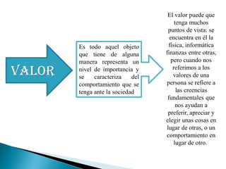 VALOR
Es todo aquel objeto
que tiene de alguna
manera representa un
nivel de importancia y
se caracteriza del
comportamiento que se
tenga ante la sociedad
El valor puede que
tenga muchos
puntos de vista: se
encuentra en él la
física, informática
finanzas entre otras,
pero cuando nos
referimos a los
valores de una
persona se refiere a
las creencias
fundamentales que
nos ayudan a
preferir, apreciar y
elegir unas cosas en
lugar de otras, o un
comportamiento en
lugar de otro.
 