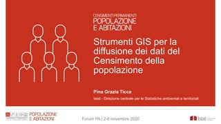 Strumenti GIS per la
diffusione dei dati del
Censimento della
popolazione
Pina Grazia Ticca
Istat - Direzione centrale per le Statistiche ambientali e territoriali
Forum PA | 2-6 novembre 2020
 