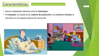 • Nuevas modalidades laborales como el teletrabajo.
• El trabajador es aislado de las cadenas de producción y los entornos virtuales se
convierten en los espacios básicos de interacción.
Aparición de nuevos sectores laborales
 
