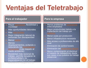 Mayor autonomía, flexibilidad y movilidad Más oportunidades laborales Más vida familiarMejor integración laboral de personas con discapacidad Menor estrésMenos desplazamientos, evitando o reduciendo los movimientos pendulares (más respeto al medio ambiente) Modalidad más racional de trabajo, permite recuperar la profesionalidad y la especialización en el trabajo autónomo e independiente. Menos problemas de convivencia entre empleados Mayor productividad debido a la implantación del trabajo por objetivosMenor coste por producción Menor infraestructura necesaria Más acceso a profesionales de alto nivel Eliminación de control horario Eliminación del ausentismo laboralMenor contaminación al disminuir el traslado de trabajadores desde sus casas a sus puestos de trabajo presencial. Para el trabajadorPara la empresaVentajas del Teletrabajo