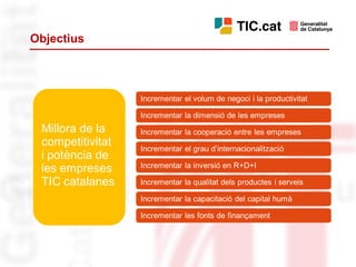Objectius



                  Incrementar el volum de negoci i la productivitat

                  Incrementar la dimensió de les empreses
 Millora de la    Incrementar la cooperació entre les empreses
 competitivitat   Incrementar el grau d’internacionalització
 i potència de
                  Incrementar la inversió en R+D+I
 les empreses
 TIC catalanes    Incrementar la qualitat dels productes i serveis

                  Incrementar la capacitació del capital humà

                  Incrementar les fonts de finançament
 