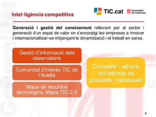 Intel·ligència competitiva

Generació i gestió del coneixement rellevant per al sector i
generació d’un espai de valor on s’encoratgi les empreses a innovar
i internacionalitzar-se mitjançant la dinamització i el treball en xarxa.


   Gestió d’informació dels
        observatoris
                                           Competir i alhora
 Comunitat d’interès TIC de
         l’Anella                           col·laborar és
                                          possible i necessari
      Mapa de recursos
  tecnològics. Mapa TIC 2.0


                                                                            8
 