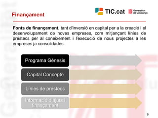 Finançament

Fonts de finançament, tant d’inversió en capital per a la creació i el
desenvolupament de noves empreses, com mitjançant línies de
préstecs per al coneixement i l’execució de nous projectes a les
empreses ja consolidades.


      Programa Gènesis

       Capital Concepte

      Línies de préstecs

      Informació d’ajuts i
          finançament
                                                                         9
 