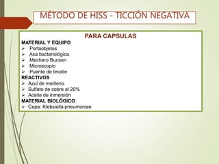 PARA CAPSULAS
MATERIAL Y EQUIPO
 Portaobjetos
 Asa bacteriológica
 Mechero Bunsen
 Microscopio
 Puente de tinción
REACTIVOS
 Azul de metileno
 Sulfato de cobre al 20%
 Aceite de inmersión
MATERIAL BIOLÓGICO
 Cepa: Klebsiella pneumoniae
MÉTODO DE HISS - TICCIÓN NEGATIVA
 