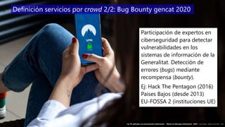 31
‘Las TIC aplicadas a la comunicación institucional’ – Máster en liderazgo institucional - INAP - Jordi Graells – Madrid 16,03,2021 - CC0
Participación de expertos en
ciberseguridad para detectar
vulnerabilidades en los
sistemas de información de la
Generalitat. Detección de
errores (bugs) mediante
recompensa (bounty).
Ej: Hack The Pentagon (2016)
Paises Bajos (desde 2013)
EU-FOSSA 2 (instituciones UE)
Definición servicios por crowd 2/2: Bug Bounty gencat 2020
‘Las TIC aplicadas a la comunicación institucional’ – Máster en liderazgo institucional - INAP - Jordi Graells – Madrid 16,03,2021 - CC0
 