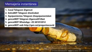 45
‘Las TIC aplicadas a la comunicación institucional’ – Máster en liderazgo institucional - INAP - Jordi Graells – Madrid 16,03,2021 - CC0
1. Canal Telegram @gencat
2. EstiraBOT Telegram @estirabot
3. Equipamientos Telegram @equipamentsbot
4. gencatBOT Telegram @gencat012bot
5. gencatBOT WhatsApp +93 681012012
6. gencatBOT web http://gen.cat/preguntescovid
Mensajería instantánea
‘Las TIC aplicadas a la comunicación institucional’ – Máster en liderazgo institucional - INAP - Jordi Graells – Madrid 16,03,2021 - CC0
 