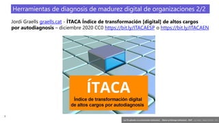 7
‘Las TIC aplicadas a la comunicación institucional’ – Máster en liderazgo institucional - INAP - Jordi Graells – Madrid 16,03,2021 - CC0
Jordi Graells graells.cat - ÍTACA Índice de transformación [digital] de altos cargos
por autodiagnosis – diciembre 2020 CC0 https://bit.ly/ITACAESP o https://bit.ly/ITACAEN
Herramientas de diagnosis de madurez digital de organizaciones 2/2
 