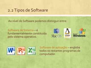 2.2 Tipos de Software
Ao nível do Software podemos distinguir entre:
Software de Sistema – é
fundamentalmente constituído
pelo sistema operativo.

Software de aplicação – engloba
todos os restantes programas de
computador.

 
