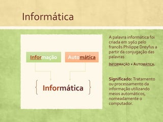 Informática

Informação

Automática

A palavra informática foi
criada em 1962 pelo
francês Philippe Dreyfus a
partir da conjugação das
palavras
INFORMAÇÃO + AUTOMÁTICA.

Informática

Significado: Tratamento
ou processamento da
informação utilizando
meios automáticos,
nomeadamente o
computador.

 