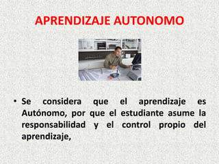 APRENDIZAJE AUTONOMO




• Se considera que el aprendizaje es
  Autónomo, por que el estudiante asume la
  responsabilidad y el control propio del
  aprendizaje,
 