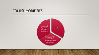 COURSE MODIFIER'S
Tics
Increased by
anxiety,
excitement and
exhaustion
Improved
by calm,
focused
activities.
 