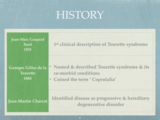 HISTORY
Jean-Marc Gaspard
Itard
1825
1st clinical description of Tourette syndrome
Georges Gilles de la
Tourette
1885
• Named & described Tourette syndrome & its
co-morbid conditions
• Coined the term ‘ Coprolalia’
Jean-Martin Charcot
Identiﬁed disease as progressive & hereditary
degenerative disorder
6
 
