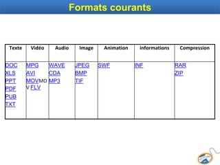 Texte Vidéo Audio Image Animation informations Compression
DOC
XLS
PPT
PDF
PUB
TXT
MPG
AVI
MOVMO
V FLV
WAVE
CDA
MP3
JPEG
BMP
TIF
SWF INF RAR
ZIP
Formats courants
 