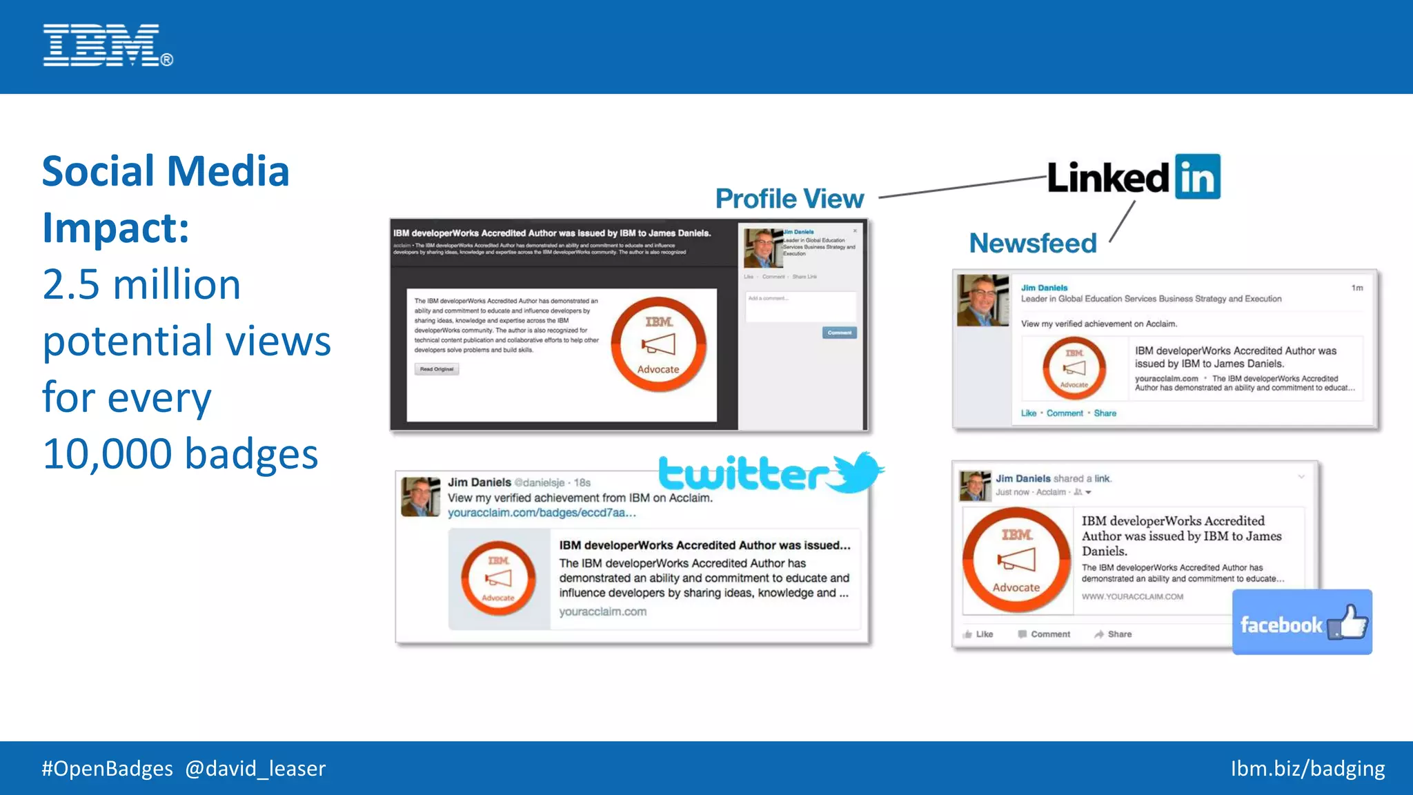 #OpenBadges @david_leaser Ibm.biz/badging
Social Media
Impact:
2.5 million
potential views
for every
10,000 badges
 