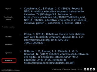 Objetivos 
Acessibilidade e 
inclusão 
A robótica educativa 
RE e NEE’s 
Metodologia 
Expectativas 
Referências 
• Conchinha, C., & Freitas, J. C. (2013). Robots & 
NEE: A robótica educativa enquanto instrumento 
inclusivo. Tic@Portugal’13. Retirado de 
https://www.academia.edu/3808576/Robots_and_ 
NEE_A_robotica_educativa_enquanto_instrumento_ 
inclusivo_poster_._Conchinha_e_Freitas_2013_; 
• Costa, S. (2014). Robots as tools to help children 
with ASD to identify emotions. Autism 4(1), 1-2. 
doi:http://dx.doi.org/10.4172/2165- 
7890.1000e120; 
• D'Abreu, J. V., Ramos, J. J., Mirisola, L. G. & 
Bernardi, N. (2012) Robótica educativa/educativa na 
era digital. II Congresso Internacional TIC e 
Educação, 2449-2465. Retirado de 
http://ticeduca.ie.ul.pt/atas/pdf/158.pdf; 
Conchinha, D’Abreu e Freitas (2014) 
ticEDUCA2014, Lisboa 
 