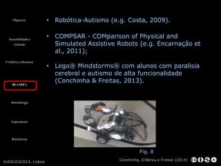 Objetivos 
Acessibilidade e 
inclusão 
A robótica educativa 
RE e NEE’s 
Metodologia 
Expectativas 
Referências 
• Robótica-Autismo (e.g. Costa, 2009). 
• COMPSAR - COMparison of Physical and 
Simulated Assistive Robots (e.g. Encarnação et 
al., 2011); 
• Lego® Mindstorms® com alunos com paralisia 
cerebral e autismo de alta funcionalidade 
(Conchinha & Freitas, 2013). 
Fig. 8 
Conchinha, D’Abreu e Freitas (2014) 
ticEDUCA2014, Lisboa 
 