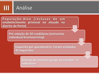 Análise	
  
P o p u l a ç ã o -­‐ A l v o	
   ( r e c l u s a s	
   d e	
   u m	
  
estabelecimento	
   prisional	
   no	
   situado	
   no	
  
distrito	
  do	
  Porto)	
  
Pré-­‐seleção	
  de	
  50	
  candidatas	
  (entrevista	
  
individual/brainstorming)	
  
Inquérito	
  por	
  ques.onário.	
  Foram	
  validados	
  
45	
  inquéritos.	
  
Seleção	
  da	
  amostra	
  (grupo	
  de	
  estudo):	
  15	
  
indivíduos.	
  
III	
  
 