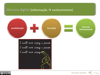 literacia digital [informação  conhecimento]



                                                            Literacia
  sensibilização           formação
                                                         Informacional




                                            Ana Loureiro | Dina Rocha
 