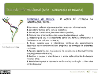 literacia informacional [Alfin – Declaração de Havana]

                              Declaração de Havana - 15 AÇÕES DE LITERACIA DA
                              INFORMAÇÃO / ALFIN...

                              1.Formar em todas as subcompetências - processos informacionais
                              2. Considerar tanto o geral como o específico;
                              3. Tender para uma formação o mais efetiva possível;
                              4. Procurar que a formação nestas competências seja para todos;
                              5. Trabalhar pelo seu reconhecimento como uma formação transversal e
                              fundamental em todos os contextos;
                              6. Gerar espaços para o intercâmbio contínuo das aprendizagens
                              adquiridas no desenvolvimento dos programas de formação em diferentes
Fonte:MapaIberoamerica1.jpg
                              contextos;
                              7. Apoiar e apoiarmo-nos mutuamente no crescimento e desenvolvimento
                              dos programas de formação;
                              8. Facilitar e manter o intercâmbio e o apoio, pela utilização de diversos
                              recursos Web;
                              9. Possibilitar espaços e momentos de formação/atualização colaborativa
                              e interdisciplinar;


                                                                              Ana Loureiro | Dina Rocha
 