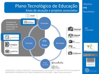 Objetivo
              Plano Tecnológico de Educação                                                                  PTE
                             Eixos de atuação e projetos associados                                          Resultados



 Componente
                                                  Conteúdos
 pedagógica de
 intervenção da
                                                                                                              RCM
 equipa PTE.                                                                                                  n.º137/2007




                                                     PTE
                            Formação                                   Tecnologias
                                                    Eixos




                                                     Projetos
                                                    Transversais



ticEDUCA2012 | 30 Nov a 2 Dez 2012 | Susana Gonçalves e Glória Bastos | E depois do PTE? A incorporação DA
COMPONENTE PEDAGÓGICA DO PLANO TECNOLÓGICO DE EDUCAÇÃO – alguns dados preliminares
 