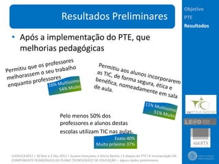 Objetivo
                                Resultados Preliminares                                                      PTE
                                                                                                             Resultados

• Após a implementação do PTE, que
  melhorias pedagógicas




                               Pelo menos 50% dos
                               professores e alunos destas
                               escolas utilizam TIC nas aulas.
                                                               Exato 40%
                                                      Muito próximo 37%

ticEDUCA2012 | 30 Nov a 2 Dez 2012 | Susana Gonçalves e Glória Bastos | E depois do PTE? A incorporação DA
COMPONENTE PEDAGÓGICA DO PLANO TECNOLÓGICO DE EDUCAÇÃO – alguns dados preliminares
 