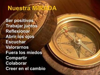 Nuestra MIRADASer positivosTrabajar juntosReflexionarAbrir los ojosEscucharValorarnosFuera los miedosCompartirColaborarCreer en el cambio