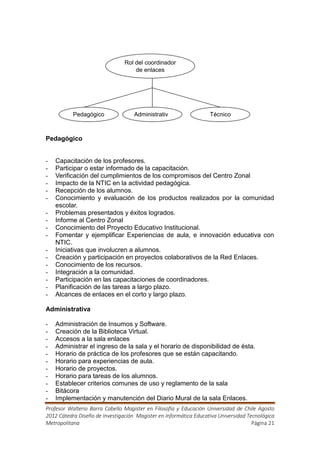 Rol del coordinador
                                    de enlaces




           Pedagógico               Administrativ                  Técnico
                                    ooooooooooh
                                    hhfqoyooooo
Pedagógico


-   Capacitación de los profesores.
-   Participar o estar informado de la capacitación.
-   Verificación del cumplimientos de los compromisos del Centro Zonal
-   Impacto de la NTIC en la actividad pedagógica.
-   Recepción de los alumnos.
-   Conocimiento y evaluación de los productos realizados por la comunidad
    escolar.
-   Problemas presentados y éxitos logrados.
-   Informe al Centro Zonal
-   Conocimiento del Proyecto Educativo Institucional.
-   Fomentar y ejemplificar Experiencias de aula, e innovación educativa con
    NTIC.
-   Iniciativas que involucren a alumnos.
-   Creación y participación en proyectos colaborativos de la Red Enlaces.
-   Conocimiento de los recursos.
-   Integración a la comunidad.
-   Participación en las capacitaciones de coordinadores.
-   Planificación de las tareas a largo plazo.
-   Alcances de enlaces en el corto y largo plazo.

Administrativa

-   Administración de Insumos y Software.
-   Creación de la Biblioteca Virtual.
-   Accesos a la sala enlaces
-   Administrar el ingreso de la sala y el horario de disponibilidad de ésta.
-   Horario de práctica de los profesores que se están capacitando.
-   Horario para experiencias de aula.
-   Horario de proyectos.
-   Horario para tareas de los alumnos.
-   Establecer criterios comunes de uso y reglamento de la sala
-   Bitácora
-   Implementación y manutención del Diario Mural de la sala Enlaces.
Profesor Walterio Barra Cabello Magister en Filosofía y Educación Universidad de Chile Agosto
2012 Cátedra Diseño de Investigación Magister en Informática Educativa Universidad Tecnológica
Metropolitana                                                                        Página 21
 