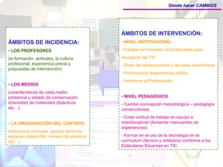 Dónde hacer CAMBIOS




                                           ÁMBITOS DE INTERVENCIÓN:
ÁMBITOS DE INCIDENCIA:                     • NIVEL INSTITUCIONAL

• LOS PROFESORES                           - Facilitar la formación al profesorado para

(la formación, actitudes, la cultura       incorporar las TIC
profesional, experiencia previa y          - Dotar de infraestructura y recursos económicos
propuestas de intervención)
                                           - Promocionar experiencias pilotos
                                           - Incentivar al Profesorado
• LOS MEDIOS
(características de cada medio,
presencia y estado de conservación,        • NIVEL PEDAGÓGICO
diversidad de materiales didácticos        - Cambio concepción metodológica – pedagogía
etc…)                                      constructivista.
                                           - Crear actitud de trabajo en equipo e
• LA ORGANIZACIÓN DEL CENTROS              interdisciplinar (fomentar intercambio de
                                           experiencias)
(estructura curricular, apoyos técnicos,
espacios disponible, número de alumnos     - Formar en el uso de la tecnología en el
etc…)                                      currículum (técnico y didáctico) conforme a los
                                           Estándares Docentes en TIC.
 