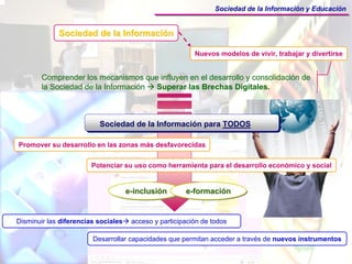 Sociedad de la Información y Educación


             Sociedad de la Información

                                                          Nuevos modelos de vivir, trabajar y divertirse


        Comprender los mecanismos que influyen en el desarrollo y consolidación de
        la Sociedad de la Información Superar las Brechas Digitales.



                          Sociedad de la Información para TODOS

Promover su desarrollo en las zonas más desfavorecidas


                       Potenciar su uso como herramienta para el desarrollo económico y social


                                     e-inclusión
                                     e-inclusión       e-formación
                                                       e-formación


Disminuir las diferencias sociales    acceso y participación de todos

                        Desarrollar capacidades que permitan acceder a través de nuevos instrumentos
 