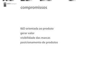 SAPO Campus
compromissos
I&D orientada ao produto
gerar valor
visibilidade das marcas
posicionamento de produtos
 