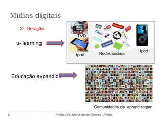 Mídias digitais
   3º. Geração
                               TVD
 u- learning
                                                                Ipod
                               Ipad            Redes sociais




Educação expandida




                                           Comunidades de aprendizagem
                 Profa. Dra. Maria de los Dolores J Peña
 