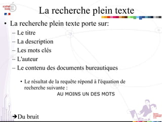 La recherche plein texte La recherche plein texte porte sur: Le titre La description Les mots clés L'auteur Le contenu des documents bureautiques  Le résultat de la requête répond à l'équation de recherche suivante : AU MOINS UN DES MOTS Du bruit 