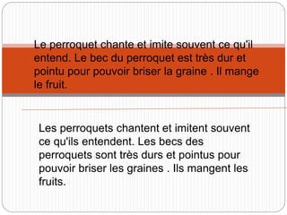 Le perroquet chante et imite souvent ce qu'il
entend. Le bec du perroquet est très dur et
pointu pour pouvoir briser la graine . Il mange
le fruit.
Les perroquets chantent et imitent souvent
ce qu'ils entendent. Les becs des
perroquets sont très durs et pointus pour
pouvoir briser les graines . Ils mangent les
fruits.
 