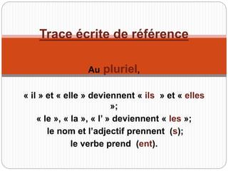 Trace écrite de référence
Au pluriel,
« il » et « elle » deviennent « ils » et « elles
»;
« le », « la », « l’ » deviennent « les »;
le nom et l’adjectif prennent (s);
le verbe prend (ent).
 