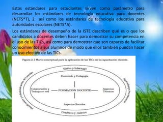 Estos estándares para estudiantes sirven como parámetro para
desarrollar los estándares de tecnología educativa para docentes
(NETS*T), 2 así como los estándares de tecnología educativa para
autoridades escolares (NETS*A).
Los estándares de desempeño de la ISTE describen qué es o que los
candidatos a docentes deben hacer para demostrar su competencia en
el uso de las TICs, así como para demostrar que son capaces de facilitar
conocimientos a sus alumnos de modo que ellos también puedan hacer
un uso efectivo de las TICs.
 