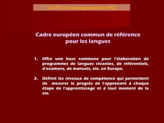 Les TIC et l’enseignement du FLE
1. 0ffre une base commune pour l’élaboration de
programmes de langues vivantes, de référentiels,
d’examens, de manuels, etc. en Europe.
2. Définit les niveaux de compétence qui permettent
de mesurer le progrès de l’apprenant à chaque
étape de l’apprentissage et à tout moment de la
vie.
Cadre européen commun de référence
pour les langues
 