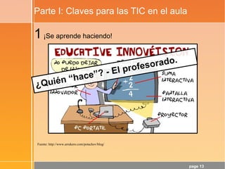 page 13
Parte I: Claves para las TIC en el aula
Fuente: http://www.arrukero.com/potachov/blog/
1¡Se aprende haciendo!
¿Quién “hace”? - El profesorado.
 