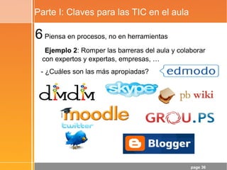page 36
Parte I: Claves para las TIC en el aula
6Piensa en procesos, no en herramientas
Ejemplo 2: Romper las barreras del aula y colaborar
con expertos y expertas, empresas, …
- ¿Cuáles son las más apropiadas?
 