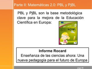 page 55
Parte II: Matemáticas 2.0: PBL y PjBL
PBL y PjBL son la base metodológica
clave para la mejora de la Educación
Científica en Europa:
Informe Rocard
Enseñanza de las ciencias ahora: Una
nueva pedagogía para el futuro de Europa
 
