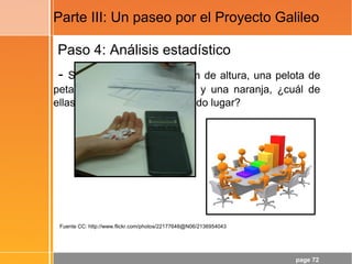 page 72
Parte III: Un paseo por el Proyecto Galileo
Paso 4: Análisis estadístico
- Si soltamos, desde 130 cm de altura, una pelota de
petanca, una pelota de tenis y una naranja, ¿cuál de
ellas llegará al suelo en segundo lugar?
Fuente CC: http://www.flickr.com/photos/22177648@N06/2136954043
 