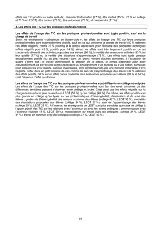 effets des TIC positifs sur cette aptitude), chercher l’information (77 %), être motivé (75 % ; 78 % en collège
et 71 % en LEGT), être curieux (73 %), être autonome (73 %), et comprendre (71 %).
3. Les effets des TIC sur les pratiques professionnelles
Les effets de l’usage des TIC sur les pratiques professionnelles sont jugés positifs, sauf sur la
charge de travail
Selon les enseignants « utilisateurs en classe-cible », les effets de l’usage des TIC sur leurs pratiques
professionnelles sont essentiellement positifs, sauf en ce qui concerne la charge de travail (50 % estiment
ces effets négatifs, contre 23 % positifs) et le temps nécessaire pour résoudre des problèmes techniques
(effets négatifs pour 45 %, positifs pour 14 %). Ainsi, les effets sont très largement positifs en ce qui
concerne la diversité des activités proposées aux élèves (86 %), la variété des ressources utilisées (83 %) et
leur qualité (77 %) ou la variété des situations d’apprentissage (78 %). Les effets sont jugés presque
exclusivement positifs (ou au pire, neutres) dans un grand nombre d’autres domaines, à l’exception de
quatre d’entre eux : le travail administratif, la gestion de la classe, le temps disponible pour aider
individuellement les élèves et le temps nécessaire à l’enseignement d’un concept ou d’une notion, domaines
pour lesquels les avis positifs, quoique majoritaires, sont contrebalancés par une minorité importante d’avis
négatifs. Enfin, dans un petit nombre de cas comme le suivi de l’apprentissage des élèves (32 % estiment
des effets positifs, 38 % aucun effet) ou les modalités des évaluations proposées aux élèves (30 % et 34 %),
c’est l’absence d’effet qui domine.
Les effets de l’usage des TIC sur les pratiques professionnelles sont différents en collège et en lycée
Les effets de l’usage des TIC sur les pratiques professionnelles sont l’un des rares domaines où des
différences sensibles peuvent s’observer entre collège et lycée. C’est ainsi que les effets négatifs sur la
charge de travail sont plus ressentis en LEGT (55 %) qu’en collège (46 %). De même, les effets positifs sont
plus grands en collège qu’en lycée sur les problématiques d’hétérogénéité, d’évaluation et de suivi des
élèves : gestion de l’hétérogénéité des niveaux scolaires des élèves (collège 42 %, LEGT 36 %), modalités
des évaluations proposées aux élèves (collège 34 %, LEGT 27 %), suivi de l’apprentissage des élèves
(collège 35 %, LEGT 28 %). A l’inverse, les enseignants de LEGT sont plus sensibles que ceux de collège à
l’apport positif des TIC sur les relations avec l’extérieur ou avec les autres collègues : communication avec
l’extérieur (collège 44 %, LEGT 50 %), mutualisation du travail avec les collègues (collège 34 %, LEGT
41 %), travail en commun avec des collègues (collège 37 %, LEGT 43 %).
15
 