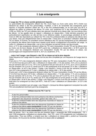 I. Les enseignants
L’usage des TIC en classe semble globalement répandu…
La quasi-totalité des enseignants utilisent les TIC, d’une façon ou d’une autre (ainsi, 94 % d’entre eux
déclarent les utiliser à des fins personnelles). Toutefois, si 95 % de l’ensemble des enseignants ayant
répondu à l’enquête déclarent utiliser les TIC à des fins professionnelles, ils ne sont plus que 80 % à
déclarer les utiliser en présence des élèves. En outre, pour seulement 50 % des répondants à l’enquête
(1256 sur 2529), les TIC sont utilisées dans des séances d’activité de la classe cible par eux-mêmes et/ou
les élèves : on les appelle dans ce rapport « utilisateurs en classe-cible ». Cette dernière proportion est
particulièrement significative car elle est liée à une référence stable ; le pourcentage précédent de 80 %
inclut en effet des répondants qui utilisent les TIC à des fins professionnelles en présence des élèves dans
une classe, mais pas obligatoirement dans la classe-cible : il tend donc à surévaluer l’utilisation réelle des
TIC en classe. A l’inverse, ne considérer comme utilisateurs des TIC que les enseignants qui les utiliseraient
en présence des élèves dans toutes leurs classes aurait abouti à exagérément sous-estimer cet usage ; la
notion d’« utilisateurs en classe-cible » est un bon indicateur qui permet d’éviter ces deux écueils.
Ainsi, si 73 % des enseignants déclarent utiliser les TIC sans manipulation d’outils TIC par les élèves dans
au moins une de leurs classes, ils sont 89 % parmi les « utilisateurs en classe-cible », et 56 % parmi les
autres ; pour les enseignants déclarant une manipulation d’outils TIC par les élèves en classe, ces
pourcentages sont respectivement de 64 %, 92 % et, seulement, 37 %.
… mais c’est l’usage « peu fréquent » des TIC en classe qui est le plus répandu
Cette fréquence de l’usage selon la classe doit de plus être complétée par une fréquence de l’usage dans la
classe.
C’est ainsi si 73 % des enseignants déclarent utiliser les TIC sans manipulation d’outils TIC par les élèves,
13 % le font tous les jours (20 % des « utilisateurs en classe-cible », 6 % des autres), 19 % une ou plusieurs
fois par semaine (28 % et 11 %), 18 % une ou plusieurs fois par mois (22 % et 14 %), 22 % une ou plusieurs
fois par trimestre (19 % et 25 %), tandis que 25 % des enseignants ne le font jamais (10 % des « utilisateurs
en classe-cible » et 40 % des autres). L’usage « peu fréquent » (moins d’une fois par semaine) concerne
donc 40 % des enseignants (41 % des « utilisateurs en classe-cible », 39 % des autres).
D’autre part, si 64 % des enseignants déclarent utiliser les TIC avec manipulation d’outils TIC par les élèves,
5 % le font tous les jours (10 % des « utilisateurs en classe-cible », 1 % des autres), 11 % une ou plusieurs
fois par semaine (19 % et 3 %), 17 % une ou plusieurs fois par mois (27 % et 6 %), 31 % une ou plusieurs
fois par trimestre (35 % et 27 %), tandis que 33 % des enseignants ne le font jamais (7 % des « utilisateurs
en classe-cible » et 59 % des autres). L’usage « peu fréquent » (moins d’une fois par semaine) concerne au
total près d’un enseignant sur deux (soit 48 % ; mais 62 % des « utilisateurs en classe-cible », et 33 % des
autres).
On peut donc considérer que cet usage « peu fréquent » (lorsque les élèves également manipulent les outils
TIC) est actuellement dominant parmi les enseignants.
Utilisez-vous les TIC ? (en %) Oui TIC Non
TIC
A des fins personnelles ...................................................................................... 94 99 90
A des fins professionnelles hors de la présence des élèves (recherches,
préparation des séquences d’activités, gestion des notes, etc.)........................
95 99 92
A des fins professionnelles dans des séquences d’activités en classe en
présence des élèves...........................................................................................
80 100 62
A des fins professionnelles dans des séquences d’activités en classe en
présence des élèves sans manipulation d’outils TIC par ces derniers............
73 89 56
A des fins professionnelles dans des séquences d’activités en classe en
présence des élèves avec manipulation d’outils TIC par ces derniers............
64 92 37
Note de lecture : Oui = au moins une fois par trimestre (base = ensemble des 2529 enseignants) ; TIC =
dont 1256 enseignants «utilisateurs en classe-cible» ; Non TIC = dont 1273 enseignants non «utilisateurs en
classe-cible». Tous ces chiffres, y compris ceux des « utilisateurs en classe-cible », portent sur l’ensemble
des classes. On trouvera les données relatives à la classe-cible en annexe 2.
23
 